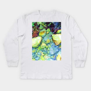 Wet pebbles and leaves, river, water, nature, rain, winter, xmas, fall, leaves, tropical, summer, holidays, art, exotic Kids Long Sleeve T-Shirt